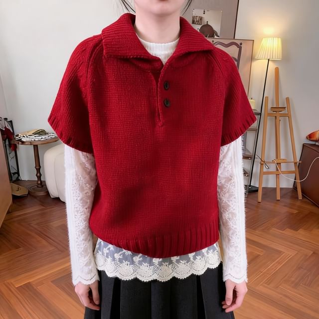 Polo-Neck Knit Top with Short Sleeves in Solid Color