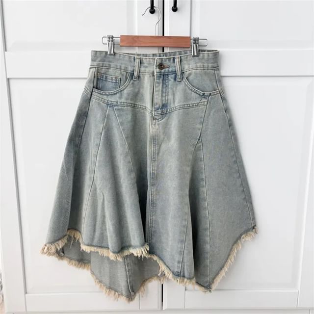 Washed Fringe Asymmetrical Midi Denim Skirt