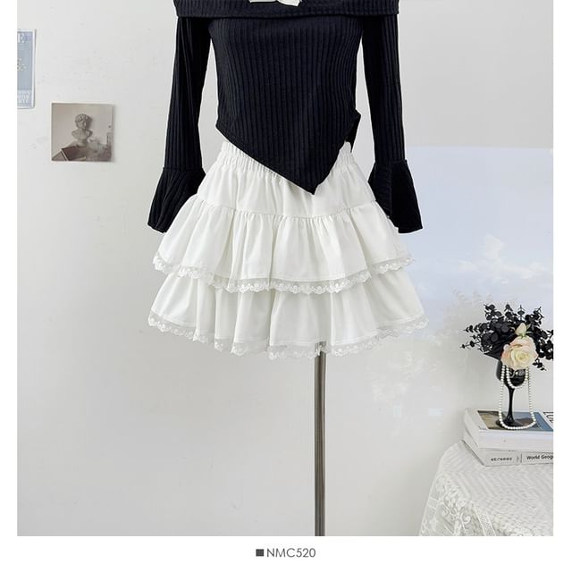 Tiered Lace Trim Mini A-Line Skirt Elastic Waist