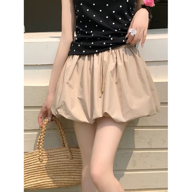 Drawstring Mini A-Line Skirt in Plain Solid