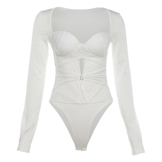 Lace Panel Bodysuit with Cutout and Padded Design Plus High Waist Pencil Skirt