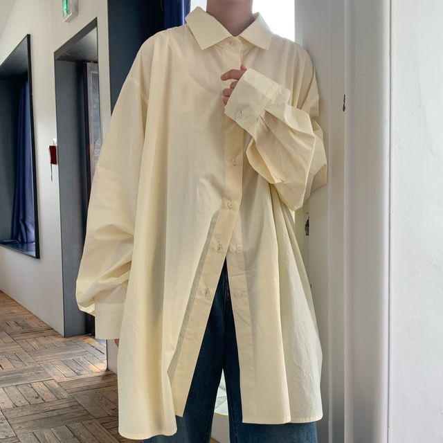 Oversized Backless Collared Long-Sleeve Shirt