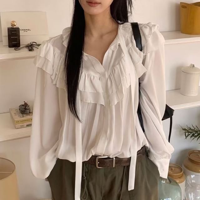 Ruffled Trim V-Neck Long-Sleeve Blouse