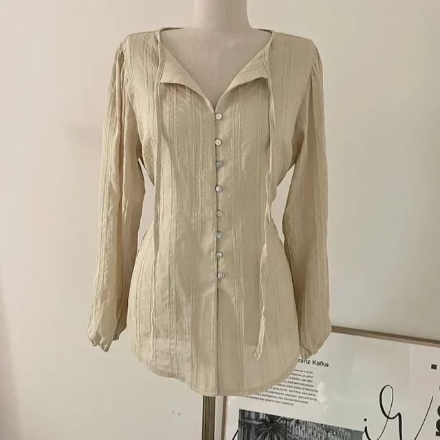 V-Neck Long-Sleeve Button-Down Shirt