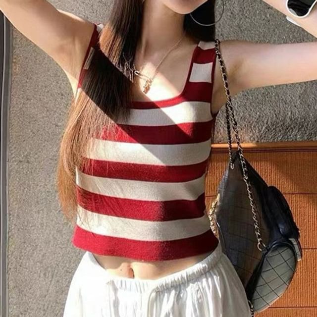 Striped Square Neck Crop Knit Top
