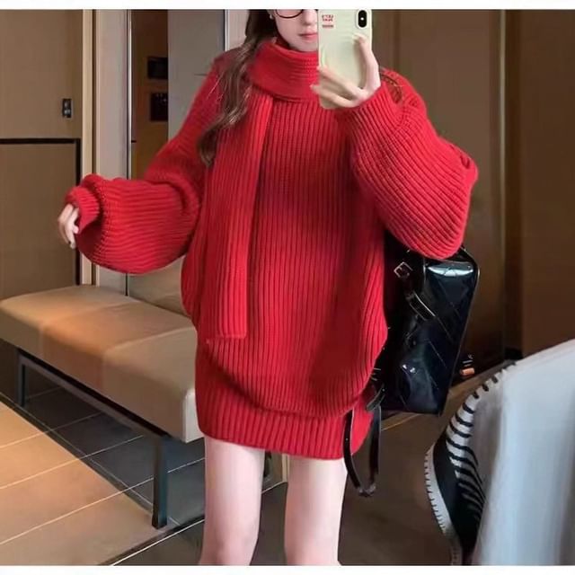 Set: Round Neck Solid Ribbed Sweater + High Waist Knit Mini Pencil Skirt + Scarf
