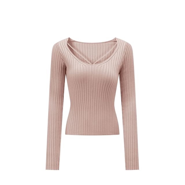 Extended Sleeve V-Neck Solid Ribbed Knit Top