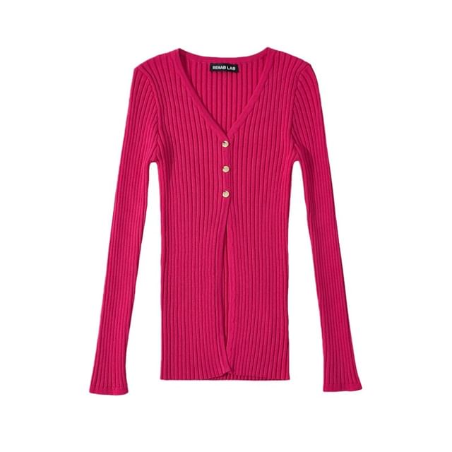 Extended Sleeve Deep V Solid Ribbed Split Knit Top