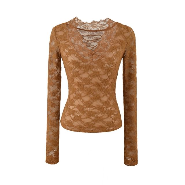 Long Sleeve V-Neck Lace Slim Crop Tee