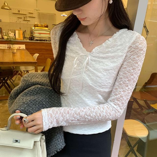 V-Neck Plain Lace T-Shirt