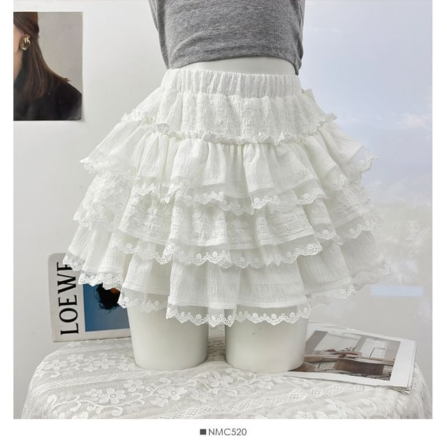 Lace-Trimmed Ruffled Tiered Mini Skirt