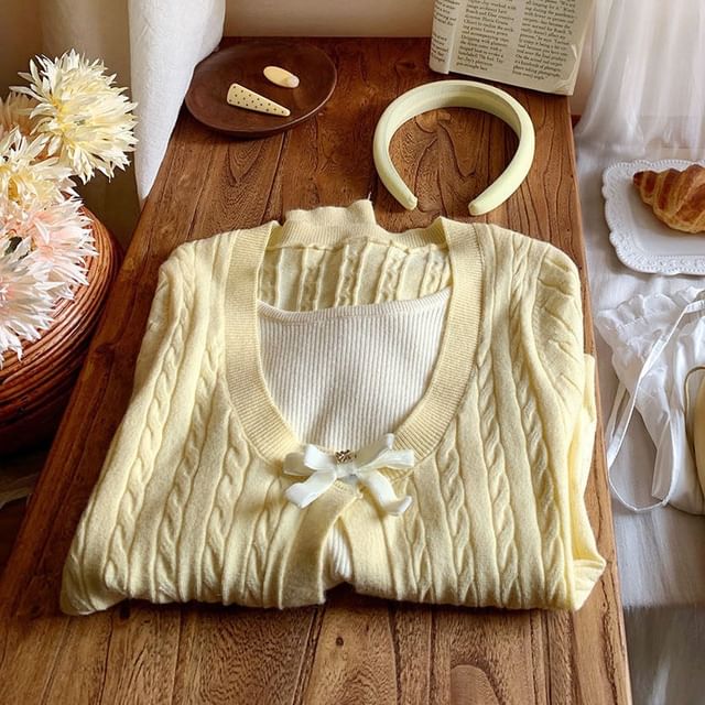 Cropped Knit Mock Two-Piece with Long Sleeves