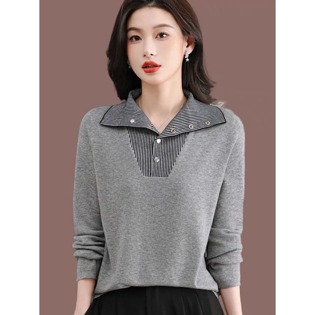 Striped Collared Sweater with Long Sleeves and Mock Layer