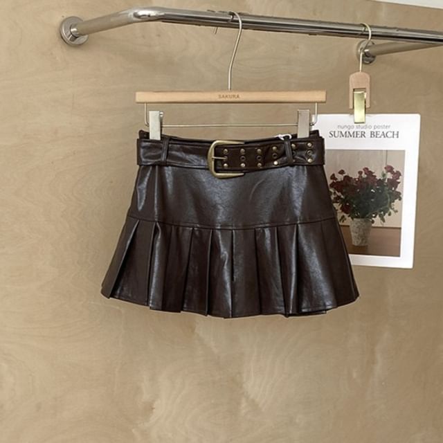 Faux Leather Pleated Mini Skirt Set with Belt