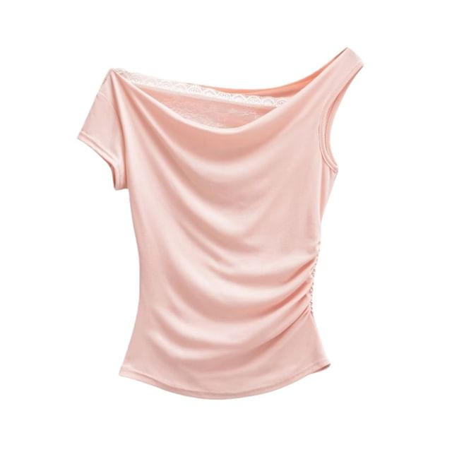 Short-Sleeve Off-Shoulder Asymmetrical Lace Panel Ruched Crop T-Shirt