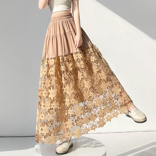 Crochet Lace Tiered Maxi A-Line Skirt Elastic Waist Panel
