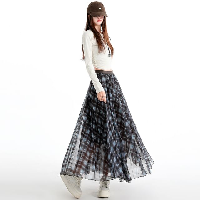 Pleated Plaid Maxi A-Line Skirt Elastic Waist