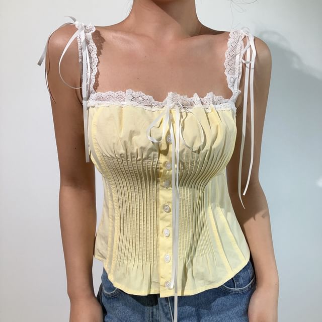 Square Neck Lace Panel Pintuck Button-Up Crop Top