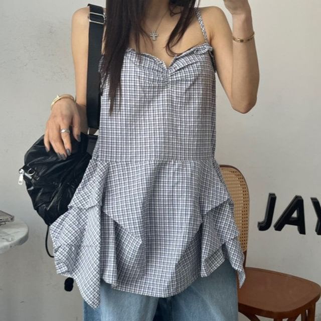 Plaid Ruffle Sweetheart Neckline Camisole