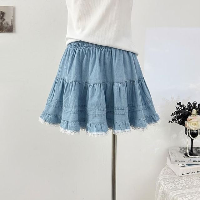 Washed Denim Mini Skirt with Lace Trim - Altfashion Shop