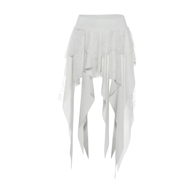 Black Mid Rise Asymmetrical Lace Panel A-Line Skirt - Altfashion Shop