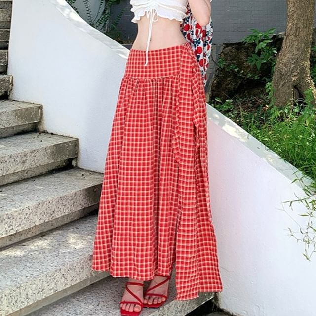 Black Short Sleeve Off Shoulder Plain Ruffle Drawstring Crop Top with Mid Rise Plaid Maxi A-Line Skirt - Altfashion Shop
