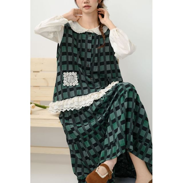 Long-Sleeve Plain Blouse with Plaid Tank Top and High Waist Maxi Skirt Set - Altfashion Shop