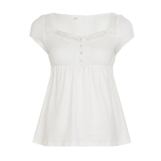 Lace-Trimmed Square Neck Babydoll with Half-Button Front