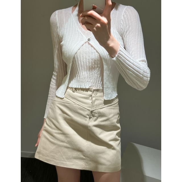 Set: Halter Plain Ribbed Knit Top + V-Neck Cardigan