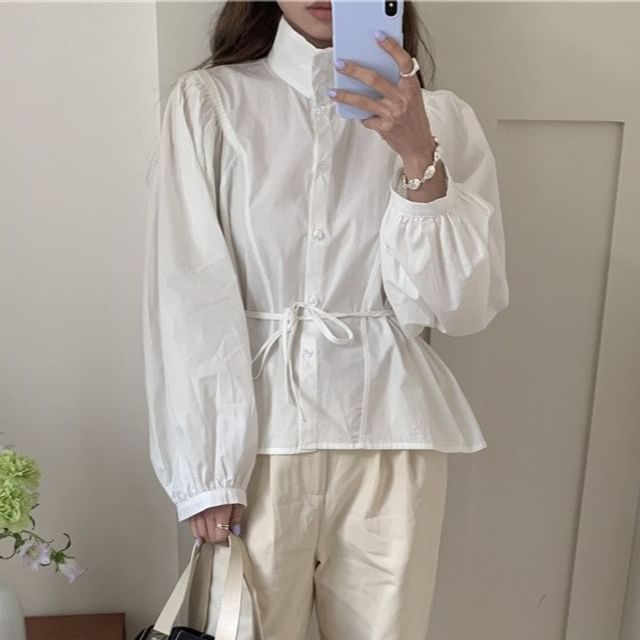 Long-Sleeve Stand Collar Tie-Front Blouse