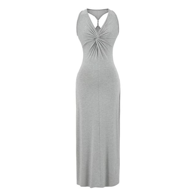 Sleeveless V-Neck Twisted Plain Maxi Sheath Dress
