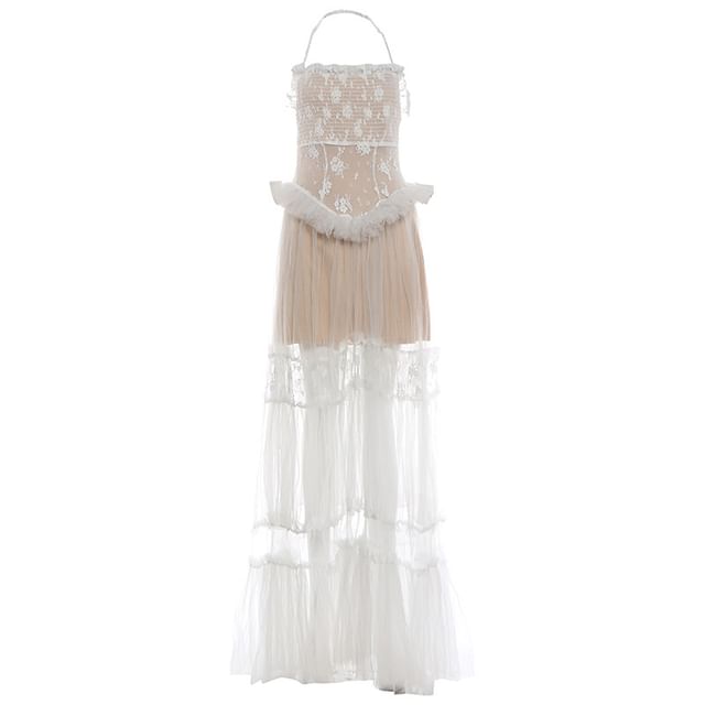 Halter Detachable Strap Ruffle Tiered Lace Panel Mesh Maxi A-Line Dress