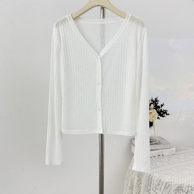V-Neck Plain Ribbed Knit Cardigan