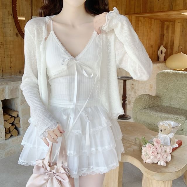 Lace Trim Tie Front Sheer Crop Cardigan