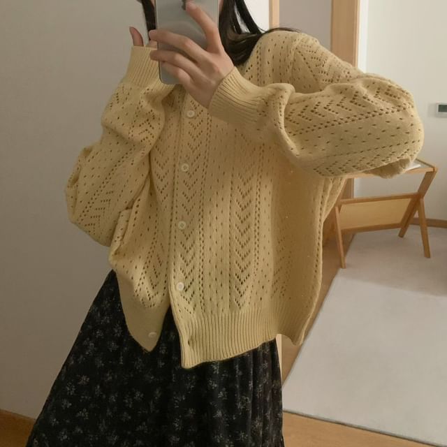 Crewneck Button-Up Plain Cardigan