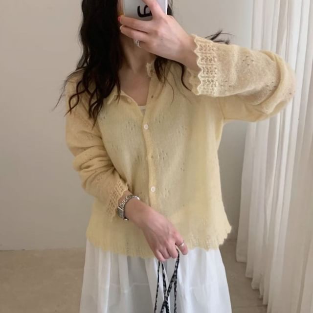 Button-Up Perforated Plain Cardigan