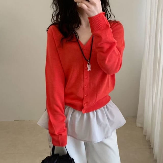 V-Neck Button-Up Plain Cardigan