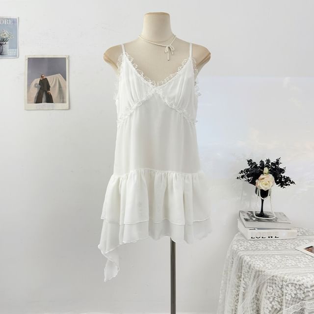 Spaghetti Strap V-Neck Plain Ruffle Asymmetrical Lace Mini A-Line Dress