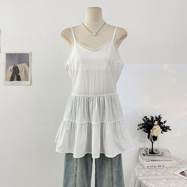 Spaghetti Strap Plain Ruffle Panel Mini A-Line Dress