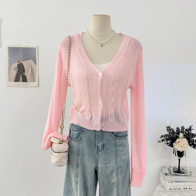 V-Neck Plain Cable Knit Cardigan