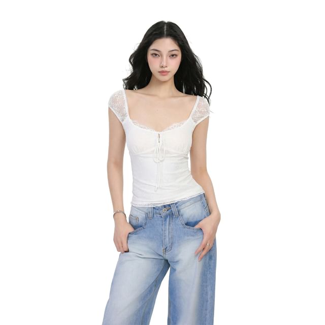 Cap Sleeve Square Neck Plain Tie Front Panel Lace Top
