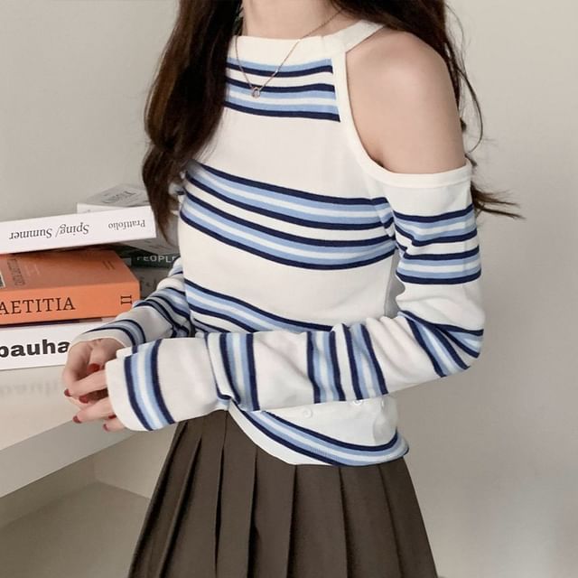 Striped Cold-Shoulder Long-Sleeve Crew Tee