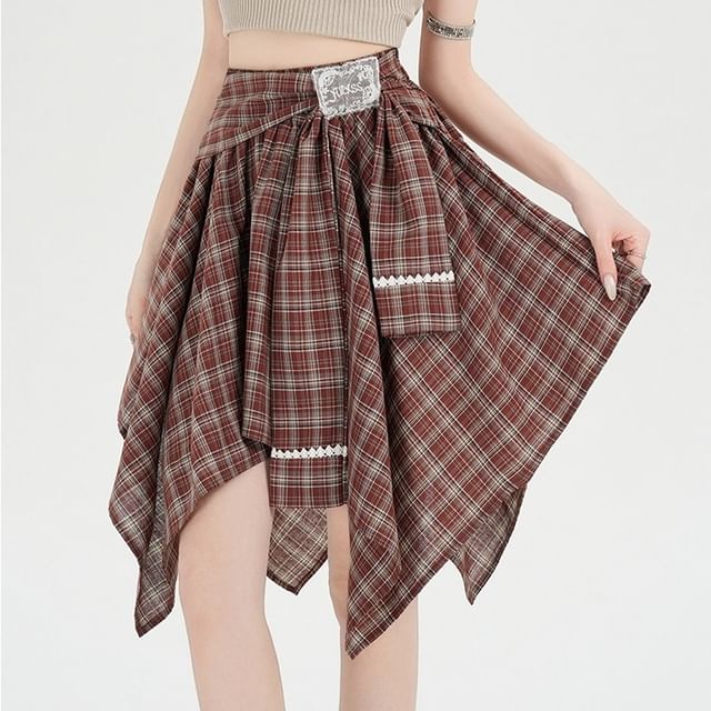 Mid Rise Tie Waist Plaid Mini A-Line Skirt