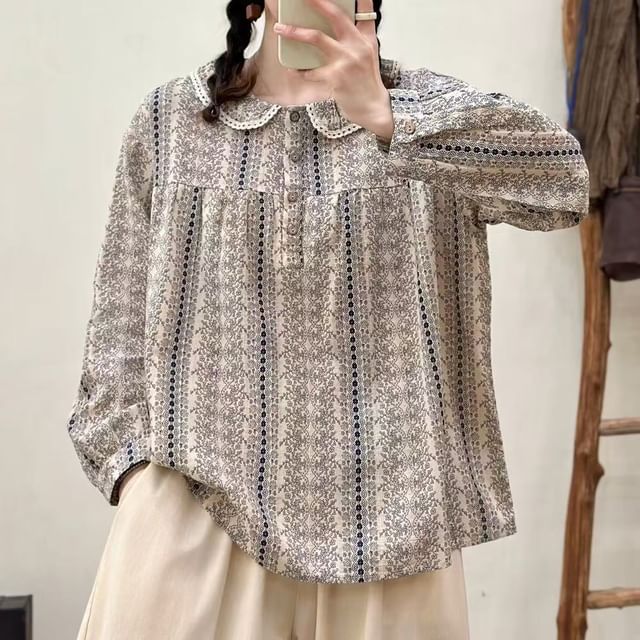 Long-Sleeve Lace Collar Plaid Blouse