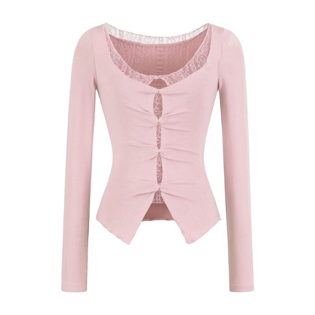 Mock Two-Piece Long-Sleeve Lace Trim Cutout Top