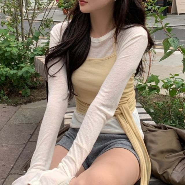 Set: Long Sleeve Crew Neck Solid Tee + Halter Neck Solid Tie Waist Camisole