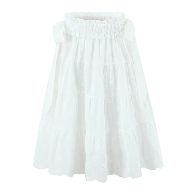 High Waist Ruffled-Trim Eyelet Midi A-Line Tiered Skirt