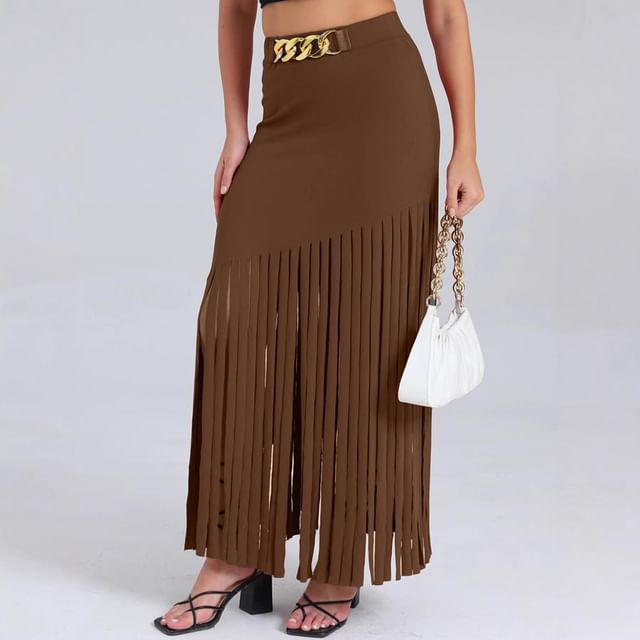High Waist Asymmetrical Plain Fringed Mini Pencil Skirt