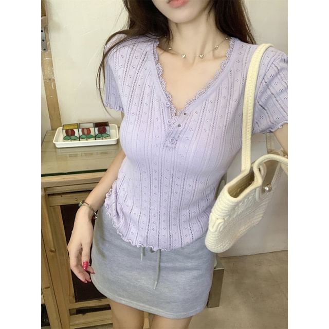 Short-Sleeve V-Neck Henley Lace Trim Plain Crop Top