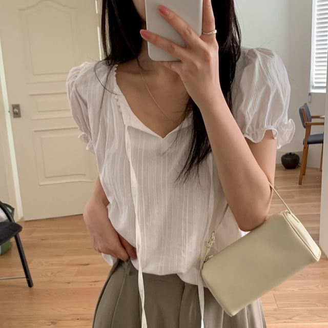 Puff Sleeve V-Neck Striped Ruffle Trim Loose Blouse